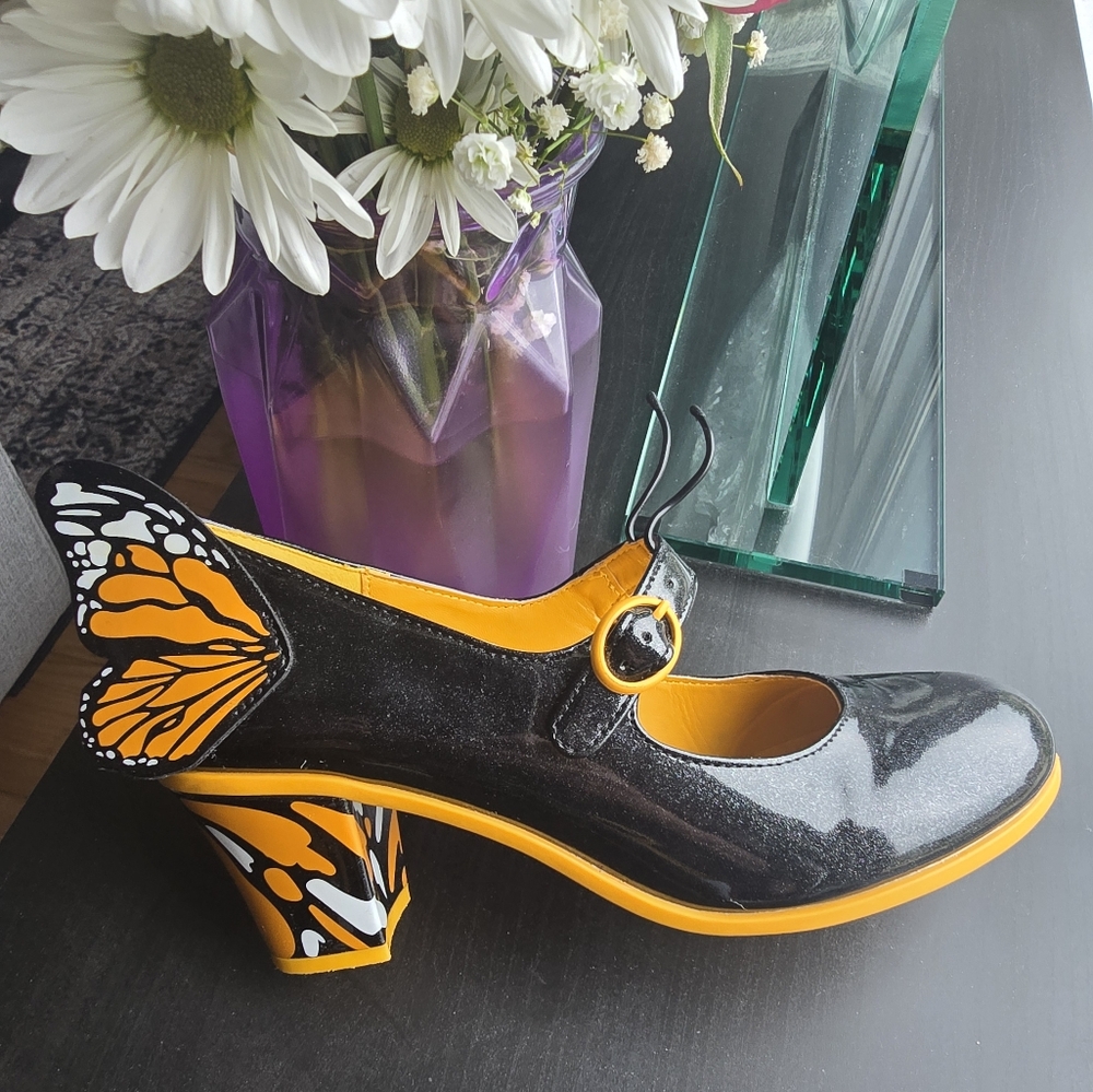 Cute and Fun Black and Orange Heels with Butterfly Detail